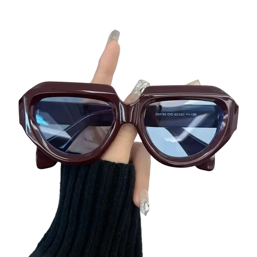 Burgundy geometric sunglasses for women and men with acetate frame and blue gradient lenses