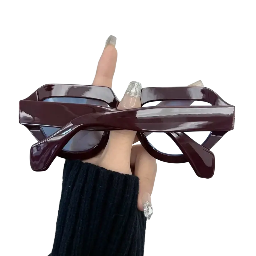 Burgundy geometric sunglasses for women and men with glossy acetate frame and blue-tinted lenses