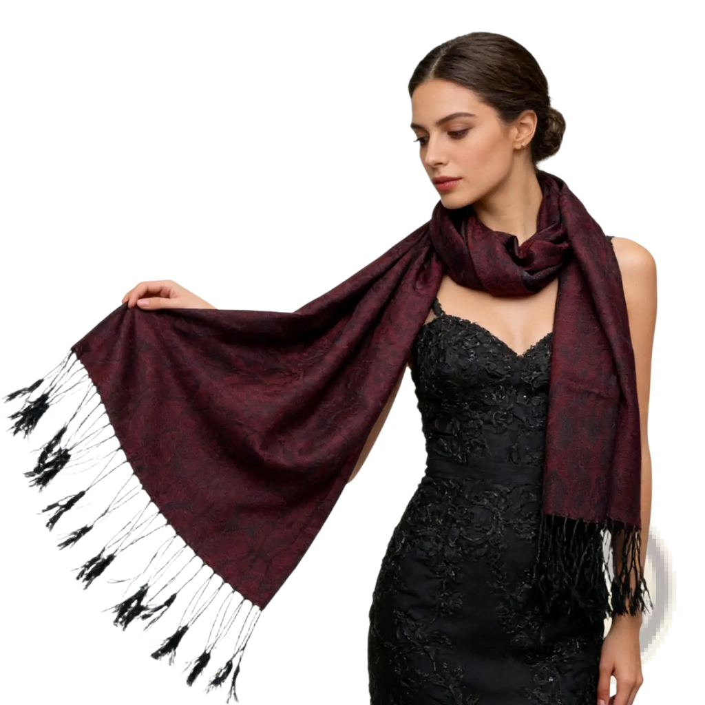 A luxurious burgundy jacquard long winter scarf made of maroon silk with a subtle pattern and black tassels