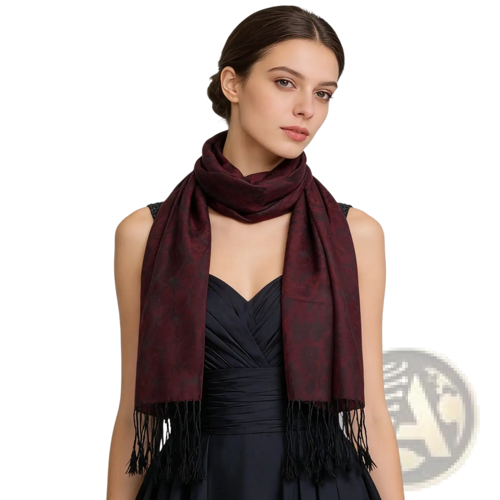 A rich burgundy jacquard long winter scarf made of silk with a subtle pattern and black fringe detailing
