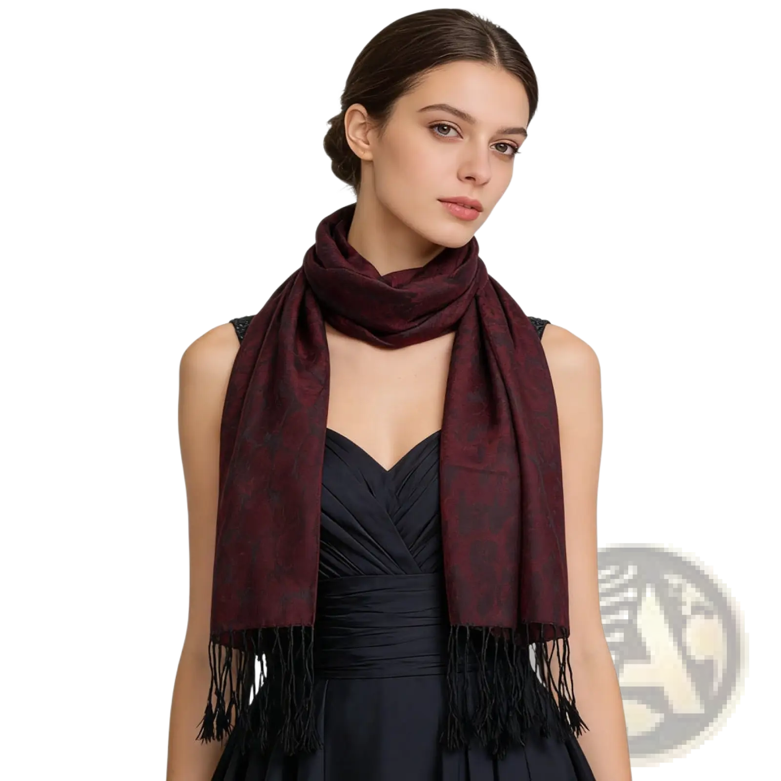 A rich burgundy jacquard long winter scarf made of silk with a subtle pattern and black fringe detailing