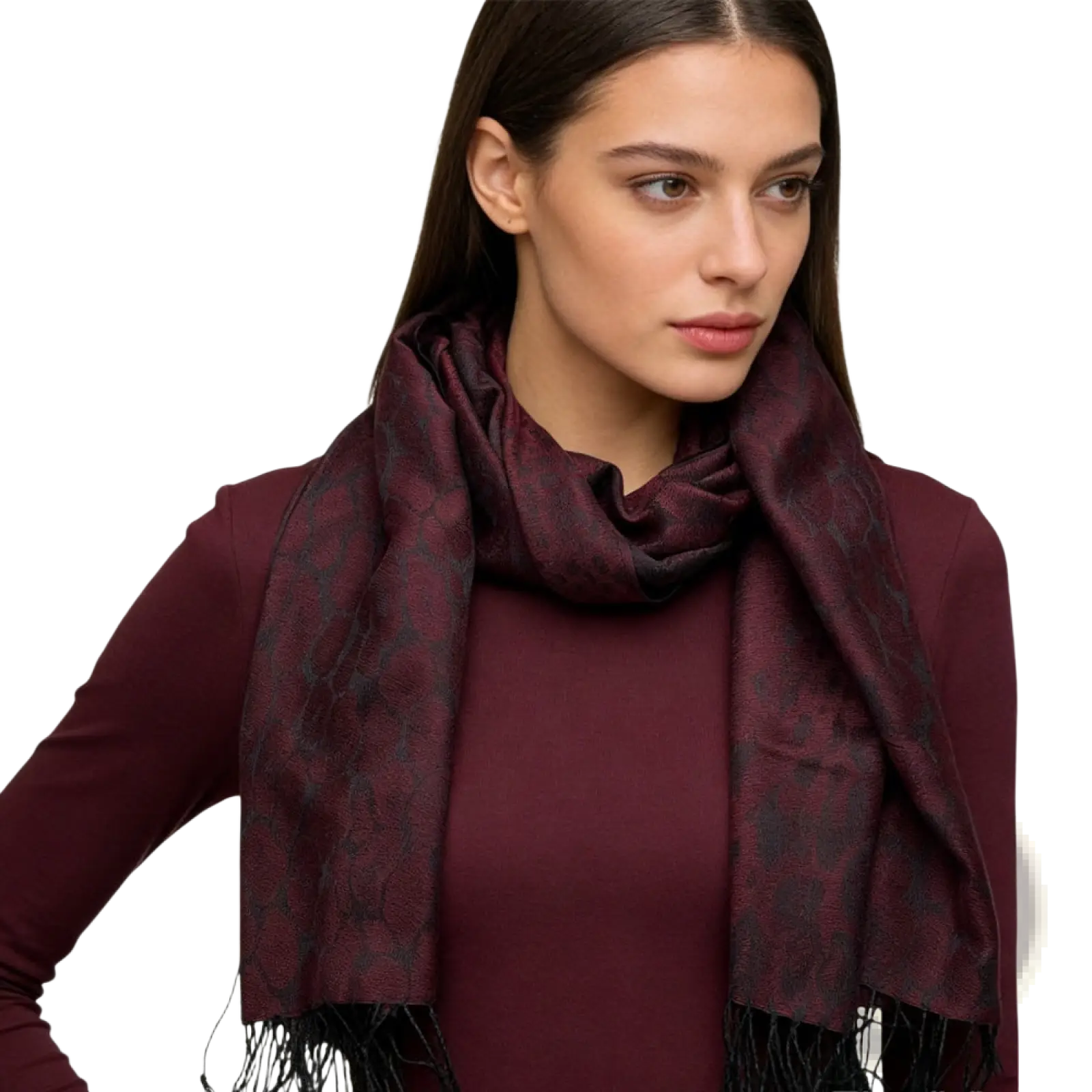 Burgundy jacquard long winter scarf featuring a rich burgundy color with subtle dark pattern and black fringe
