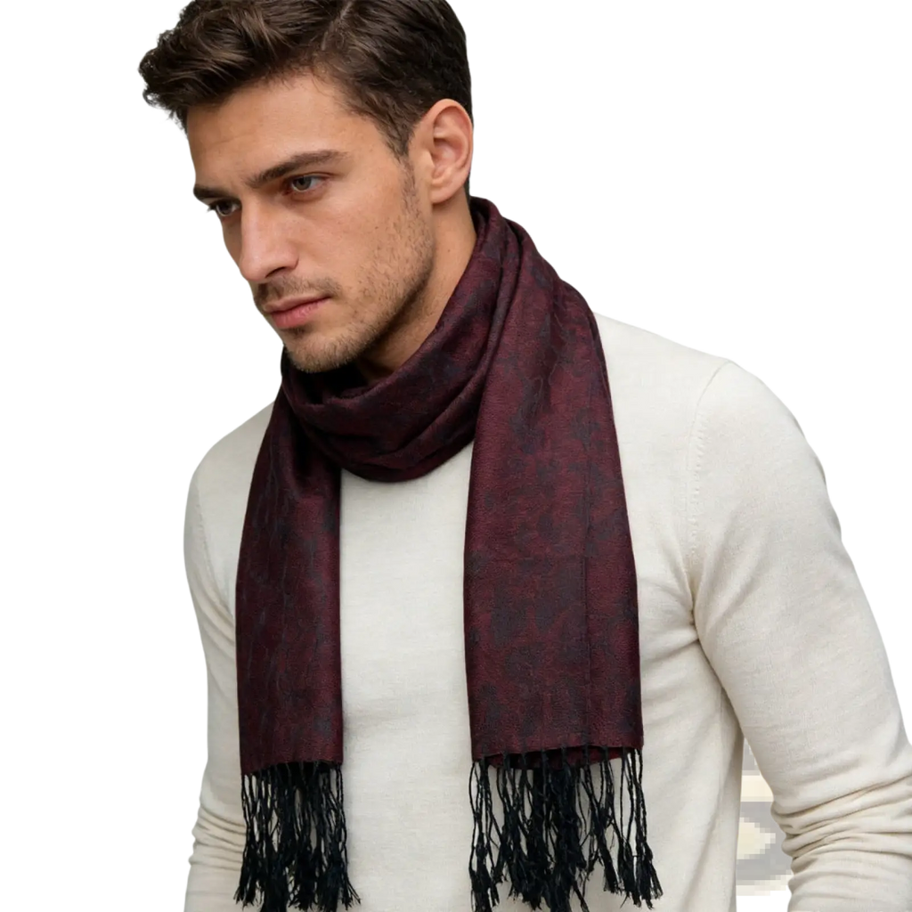 Burgundy jacquard long winter scarf with subtle dark pattern and black fringe worn elegantly around the neck