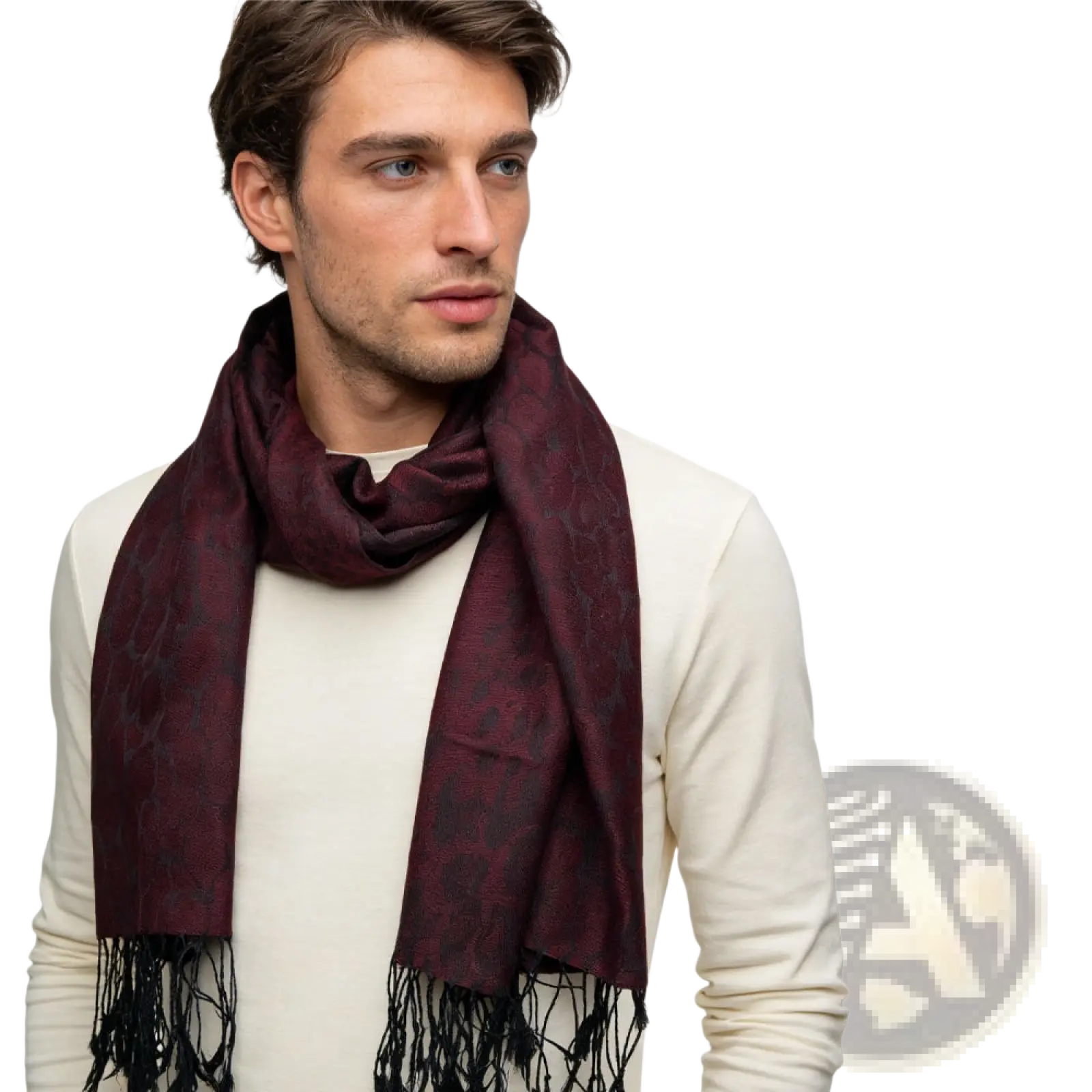 A burgundy jacquard long winter scarf with a subtle dark pattern and black fringe for cold weather use