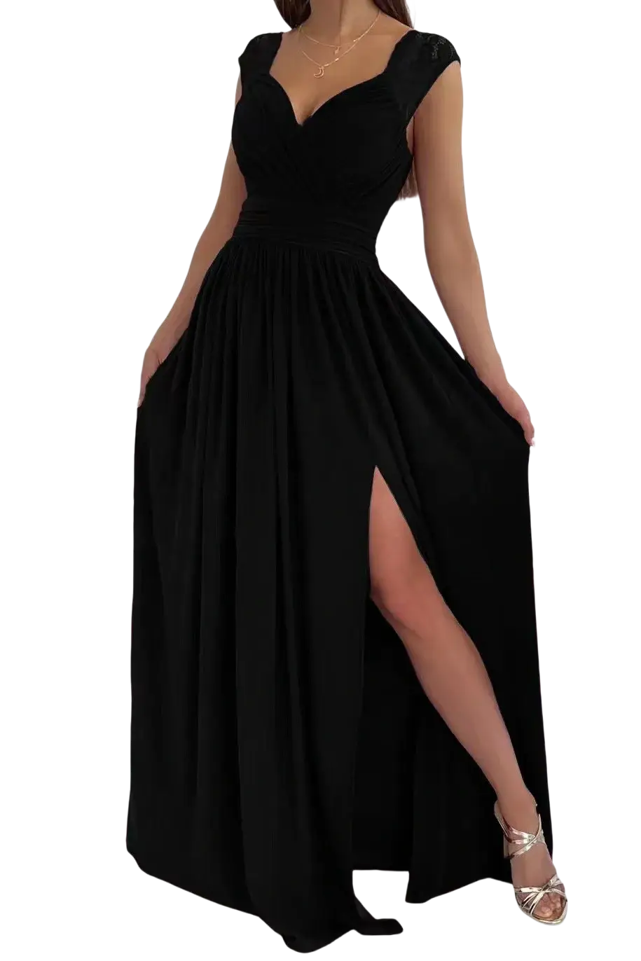 Black satin evening gown with deep v-neckline cap sleeves and high slit for formal occasions