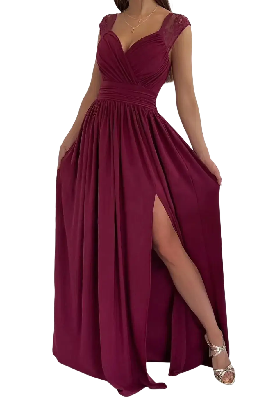 Burgundy lace evening dress maxi gown with flowing fabric, deep v-neckline, delicate cap sleeves, and high slit