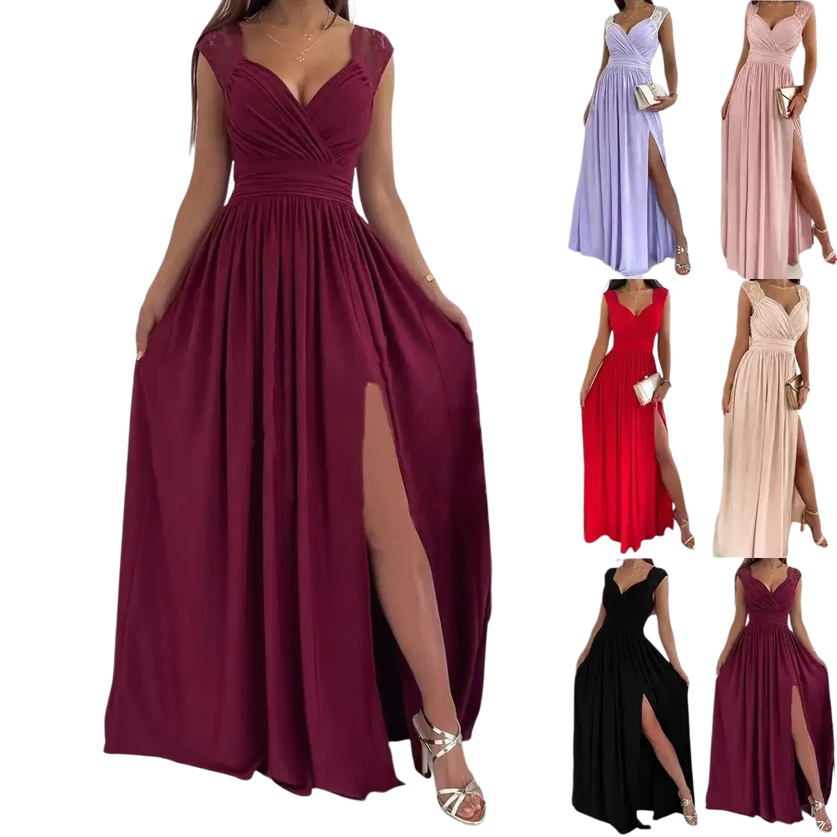 A flowing burgundy lace evening dress maxi gown with a deep v-neckline, cap sleeves, and a high slit