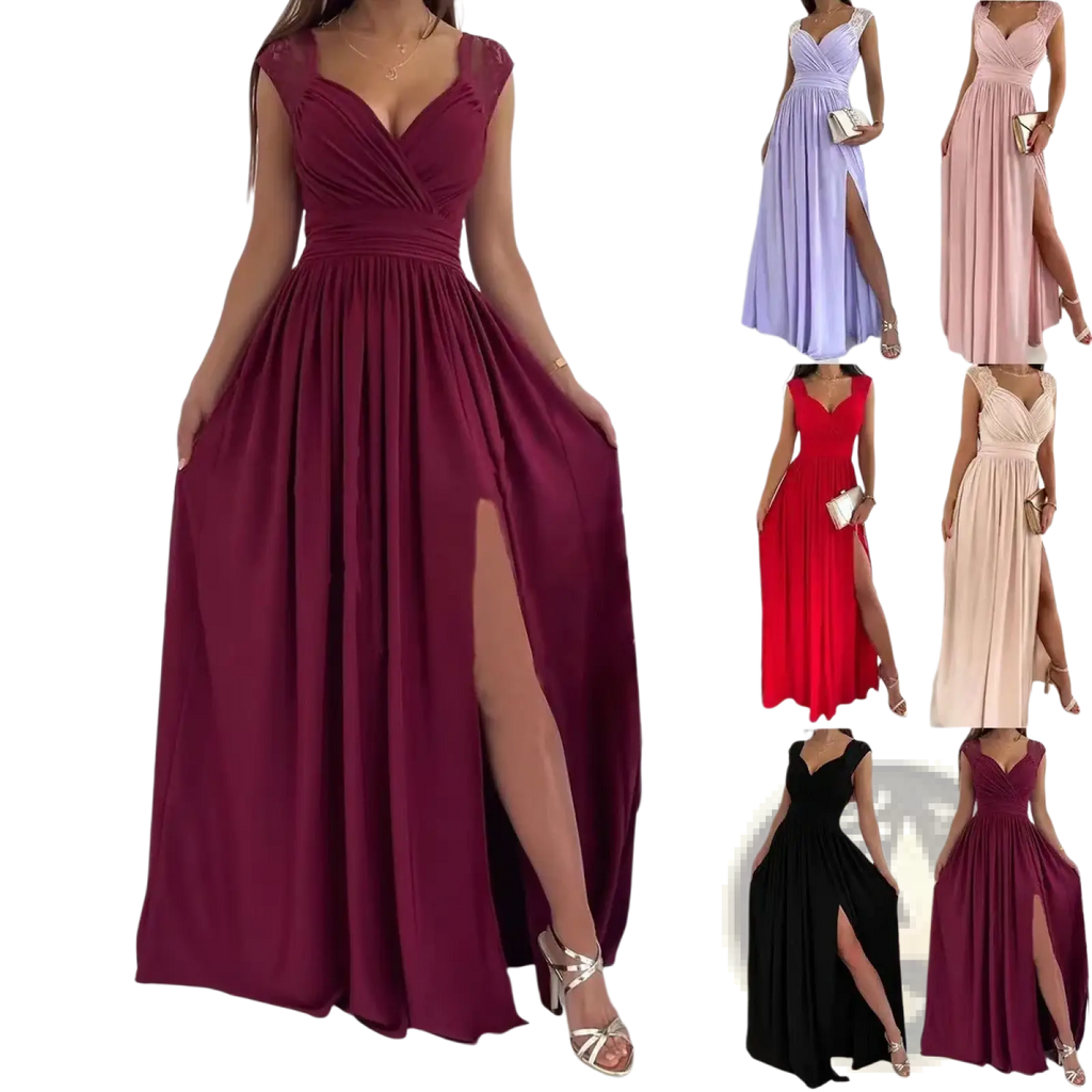 A flowing burgundy lace evening dress maxi gown with a deep v-neckline, cap sleeves, and a high slit