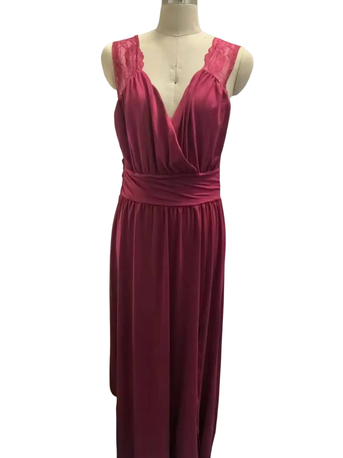 Burgundy lace evening dress maxi gown featuring a flowing satin fabric with delicate lace shoulder straps and draped waistband