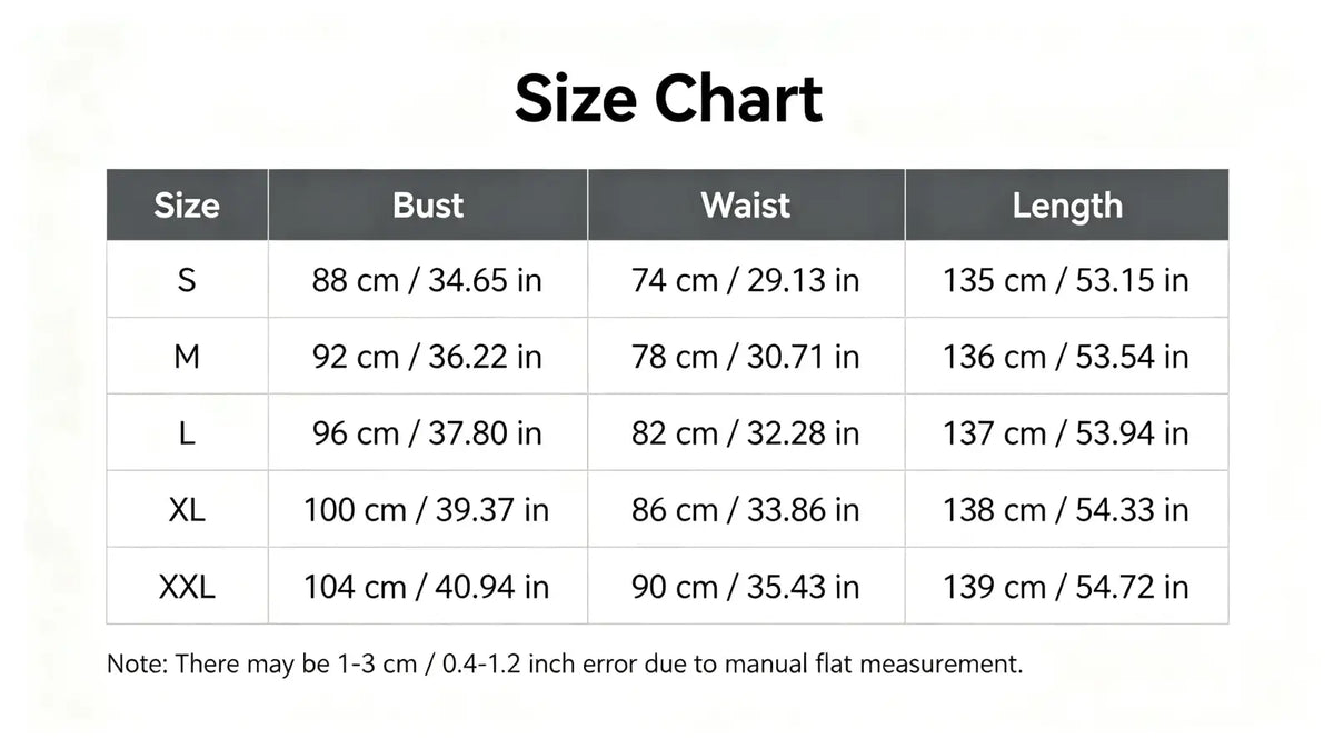 Size chart for burgundy lace evening dress maxi gown showing garment measurements in centimeters and inches from S to XXL
