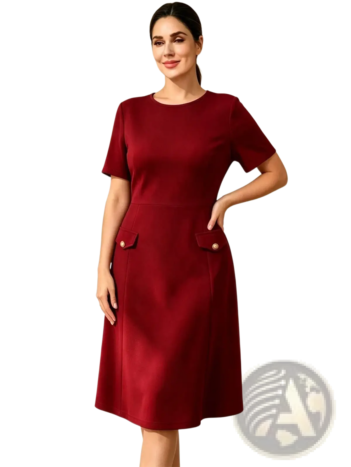 A sleek burgundy knee-length dress with short sleeves and buttoned pockets designed for formal occasions