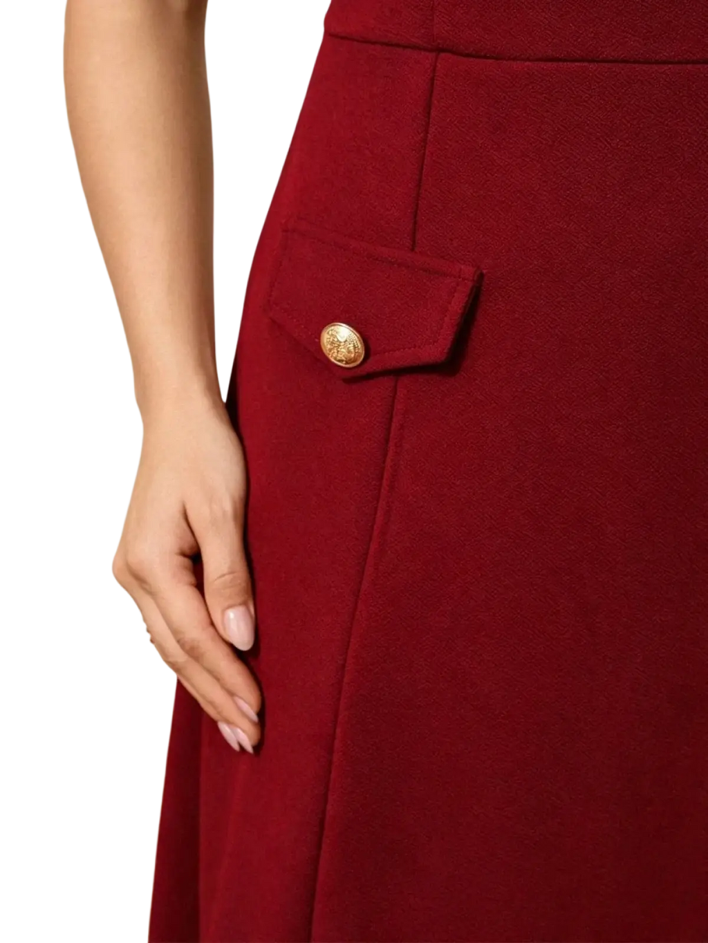 A rich burgundy wool skirt with a structured design and gold-toned button on the front pocket from burgundy lace formal dress