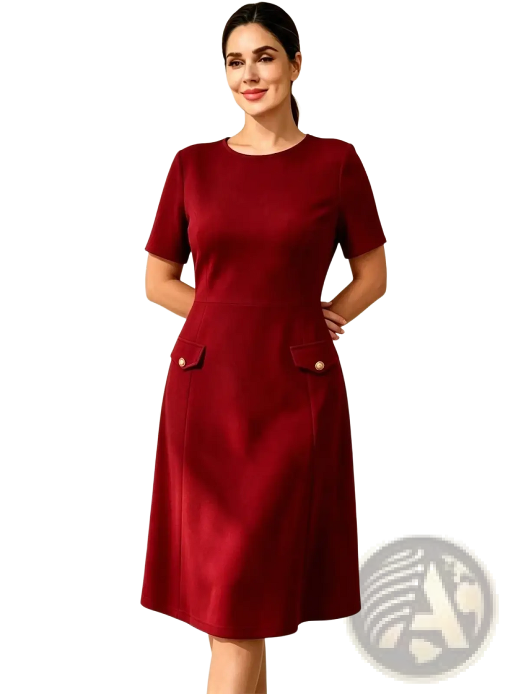 A sleek deep red knee-length formal dress with short sleeves and buttoned pockets suitable for elegant occasions