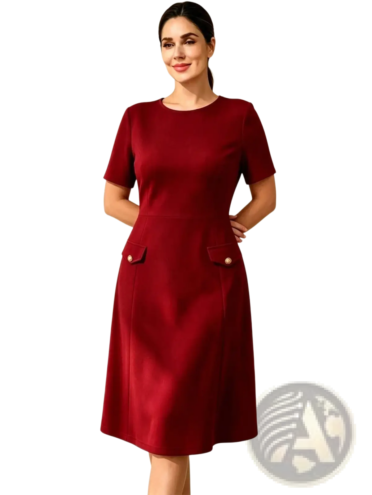 A sleek deep red knee-length formal dress with short sleeves and buttoned pockets suitable for elegant occasions