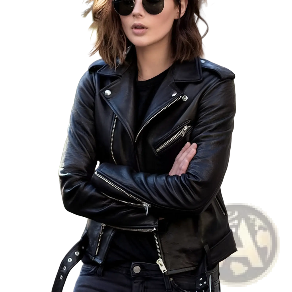 Black leather biker jacket with silver zippers and snap buttons featured in a burgundy leather biker jacket product listing