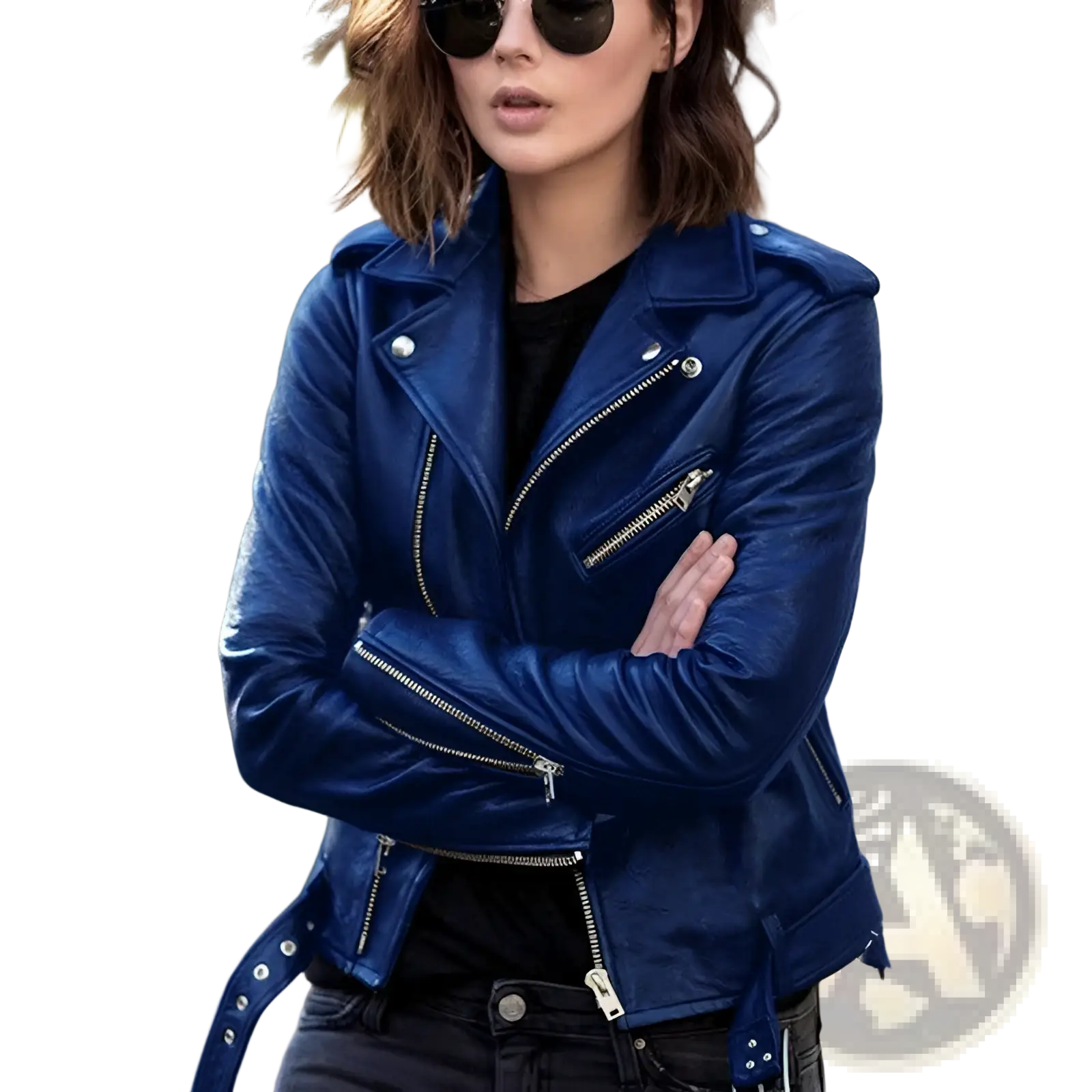 A vibrant royal blue leather biker jacket with silver zippers and snap buttons for stylish outerwear