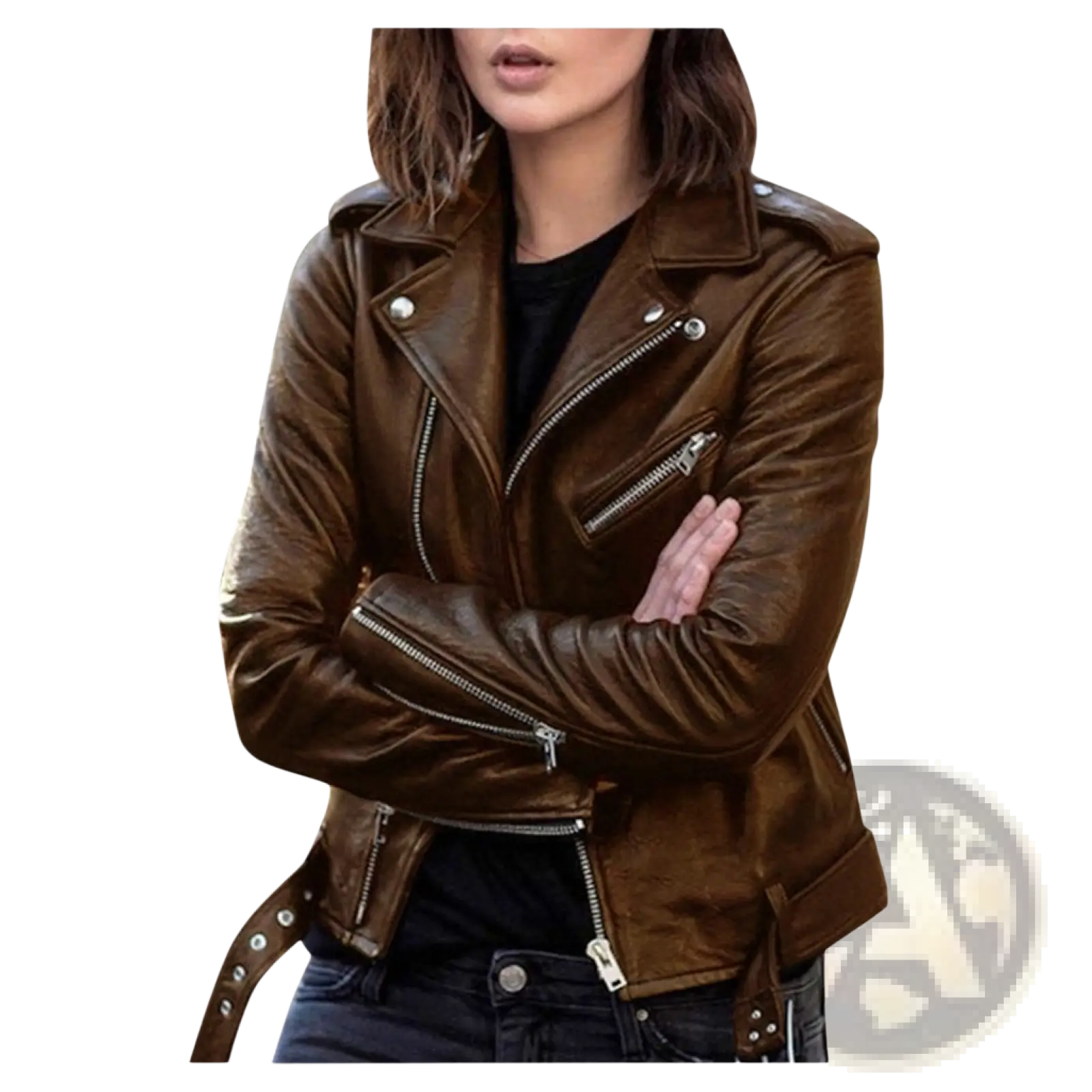 Brown leather biker jacket with silver zippers and snap buttons in a burgundy leather biker jacket style