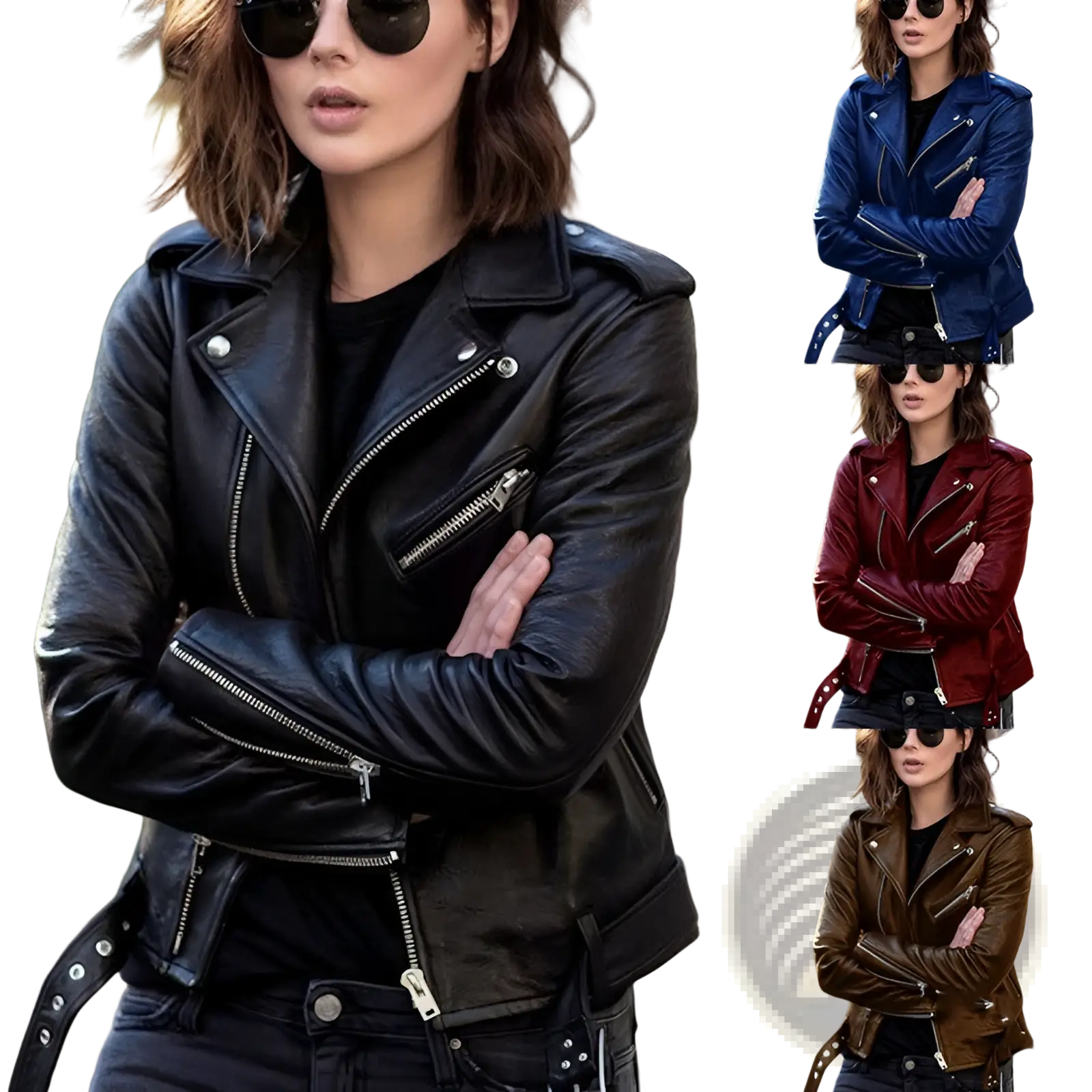 Black leather biker jacket with silver zippers and snap buttons featuring a classic edgy design