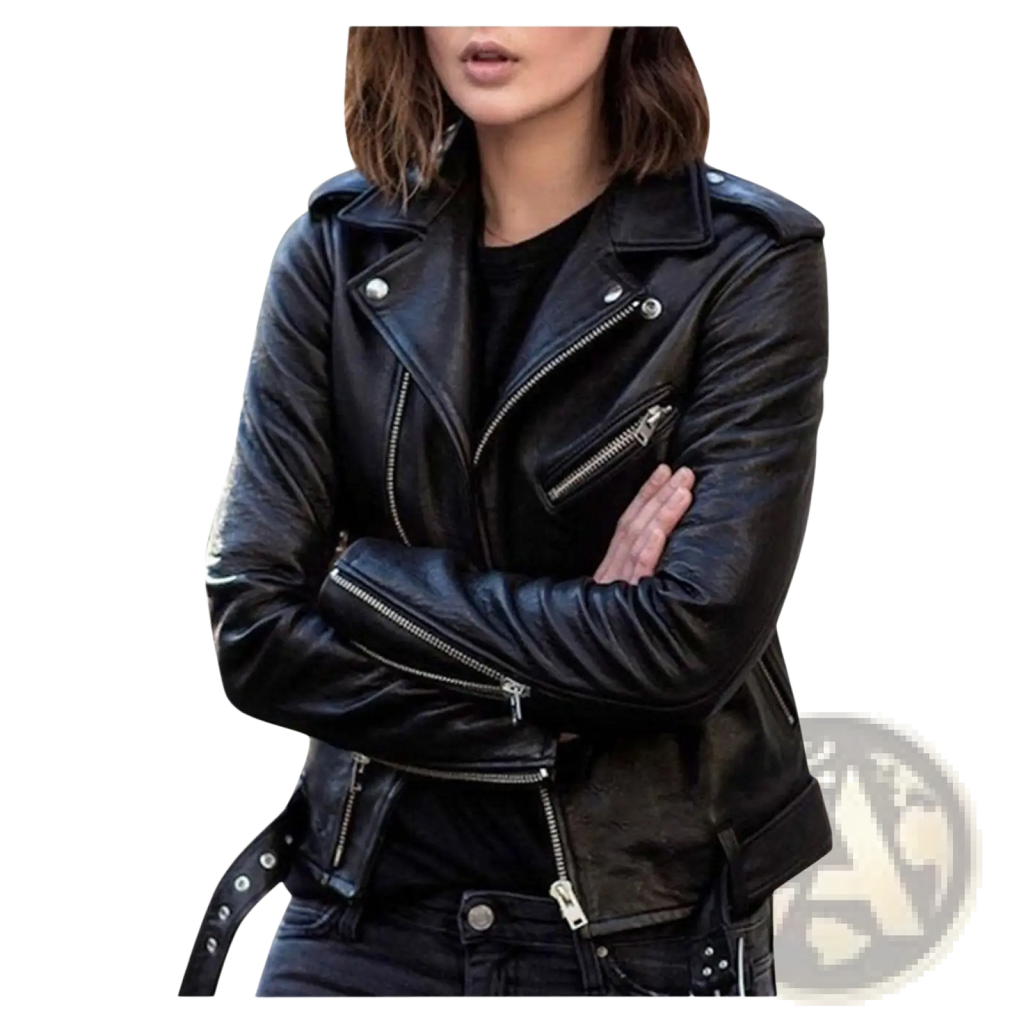 Black leather biker jacket with silver zippers and snap buttons showcasing premium material and stylish hardware details