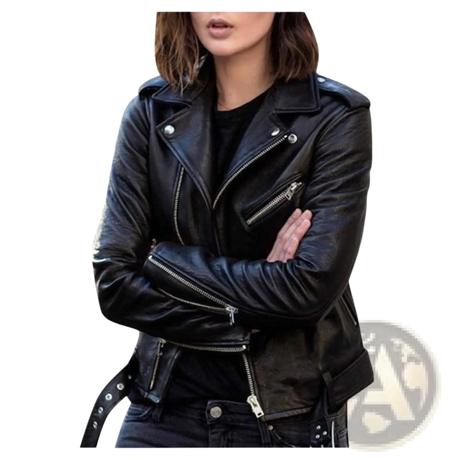 Black leather biker jacket with silver zippers and snap buttons showcasing premium material and stylish hardware details