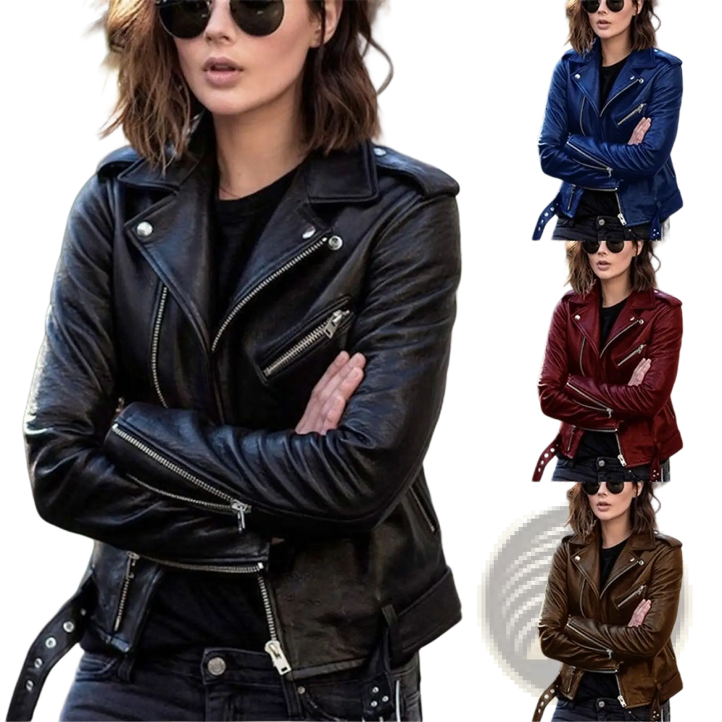 Black leather biker jacket with silver zippers and snap buttons highlighting its rugged style