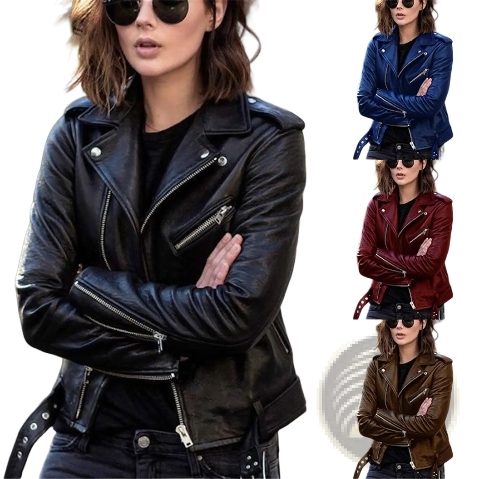 Black leather biker jacket with silver zippers and snap buttons highlighting its rugged style