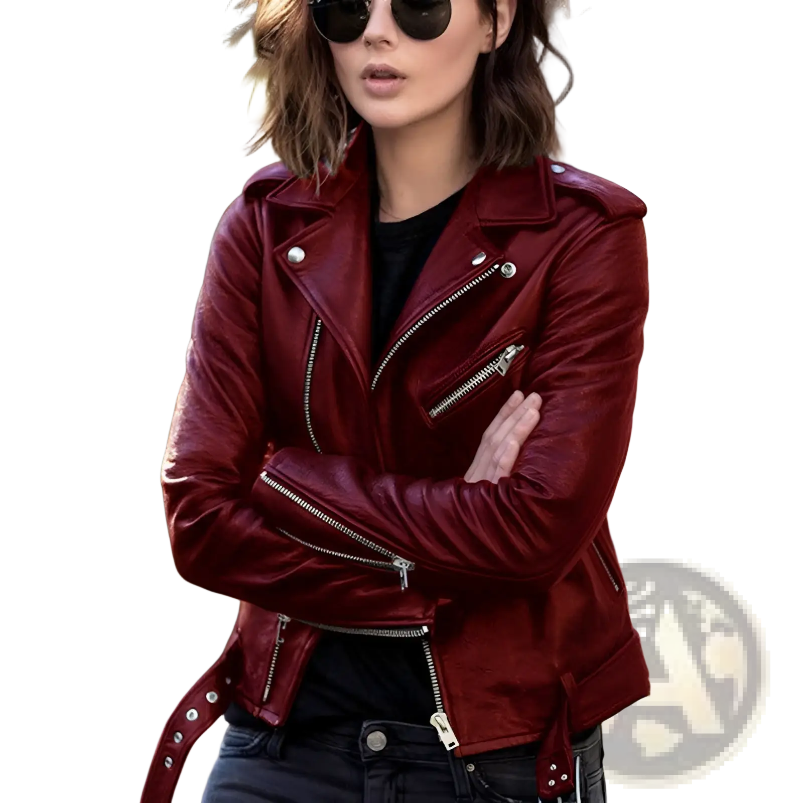 A rich burgundy leather biker jacket with silver zippers and snap buttons for a stylish look