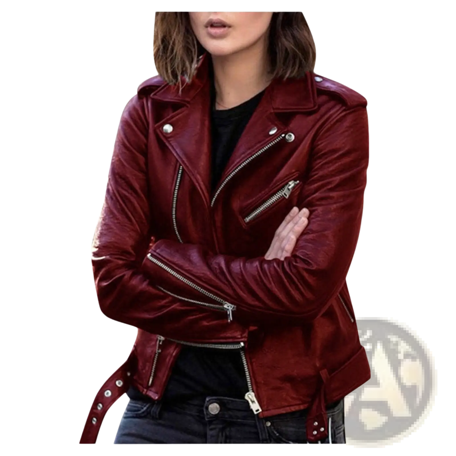 Burgundy leather biker jacket featuring silver zippers and snap buttons in rich burgundy color