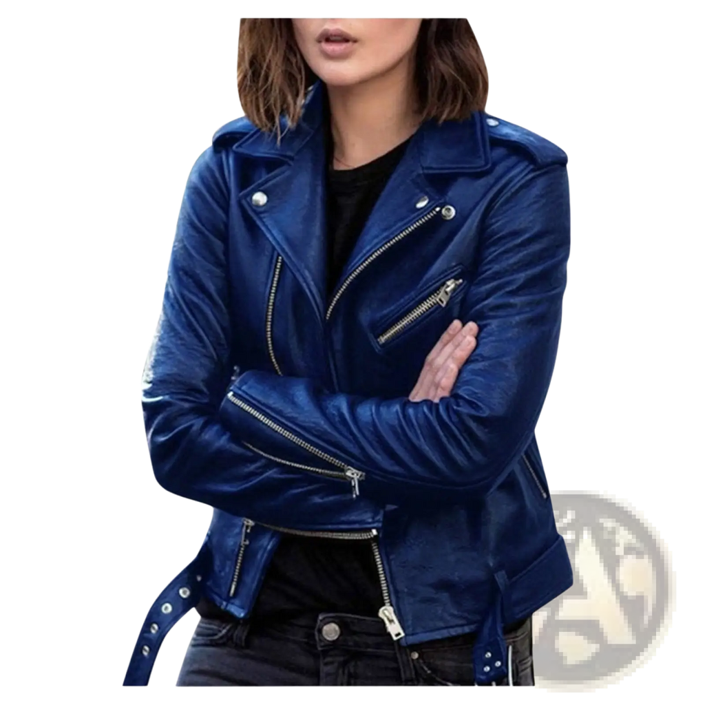 A vibrant royal blue leather biker jacket with silver zippers and snap buttons for a stylish look