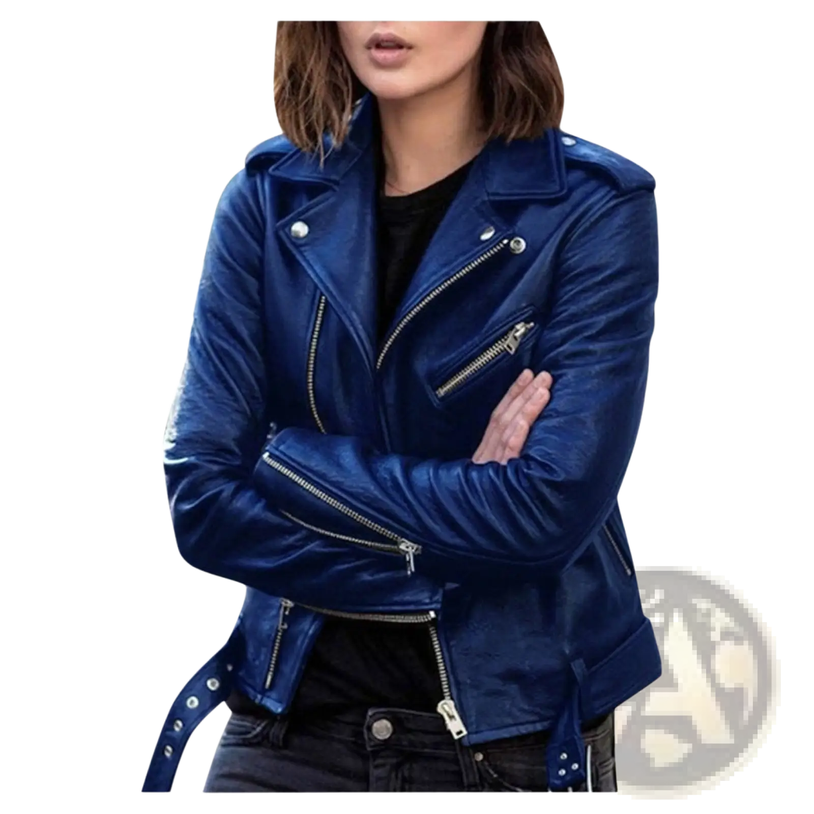 A vibrant royal blue leather biker jacket with silver zippers and snap buttons for a stylish look
