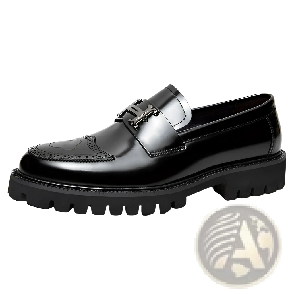 Black patent leather loafer with silver t-shaped buckle and textured rubber sole in burgundy leather loafers product line