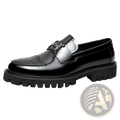 Black patent leather loafer with silver t-shaped buckle and textured rubber sole in burgundy leather loafers product line