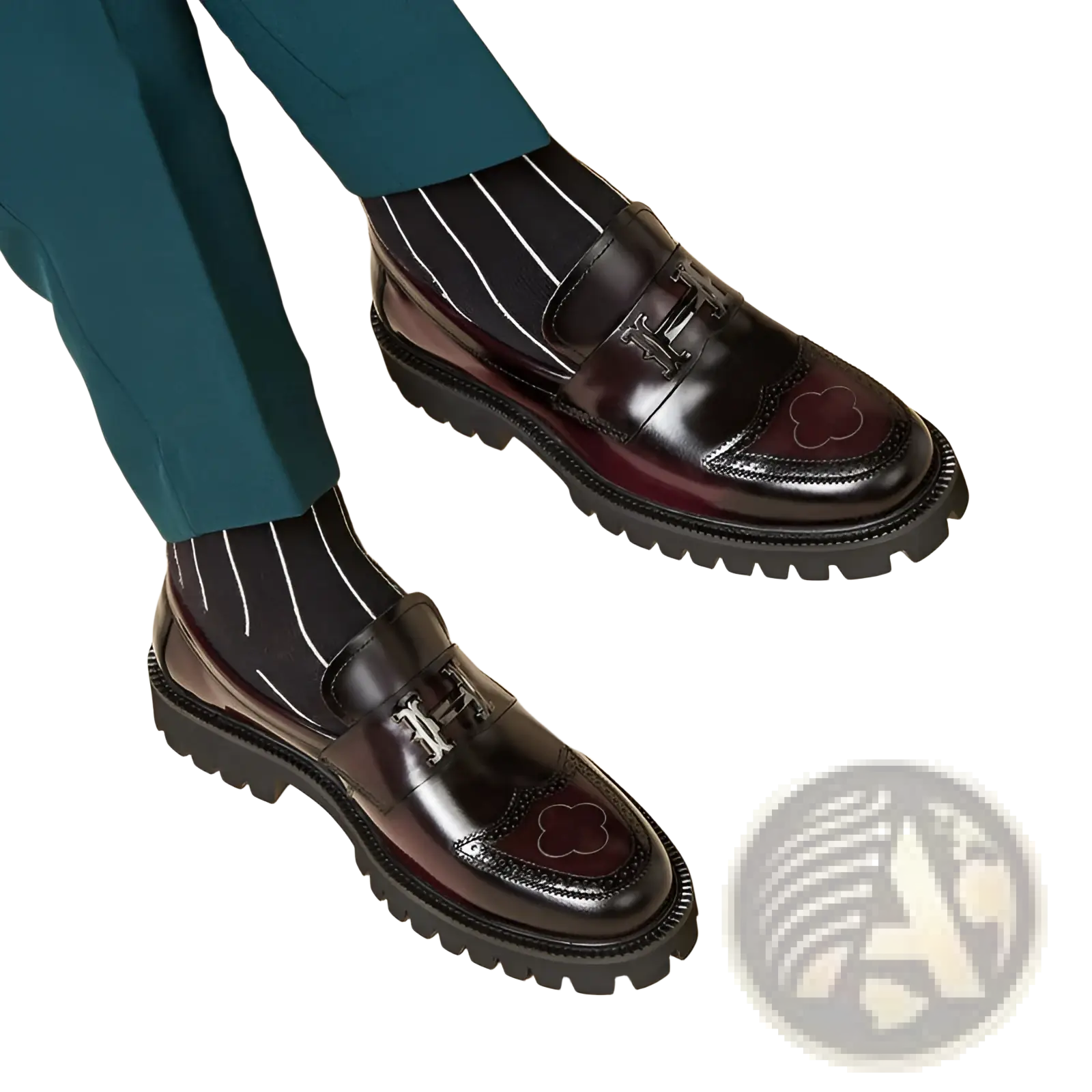 Burgundy leather loafers with black patent buckle, silver h logo, cloud brogue toe, and chunky rubber sole