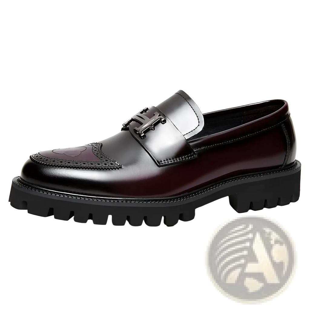 Burgundy leather loafers with black metal buckle and textured rubber sole for comfortable stylish wear