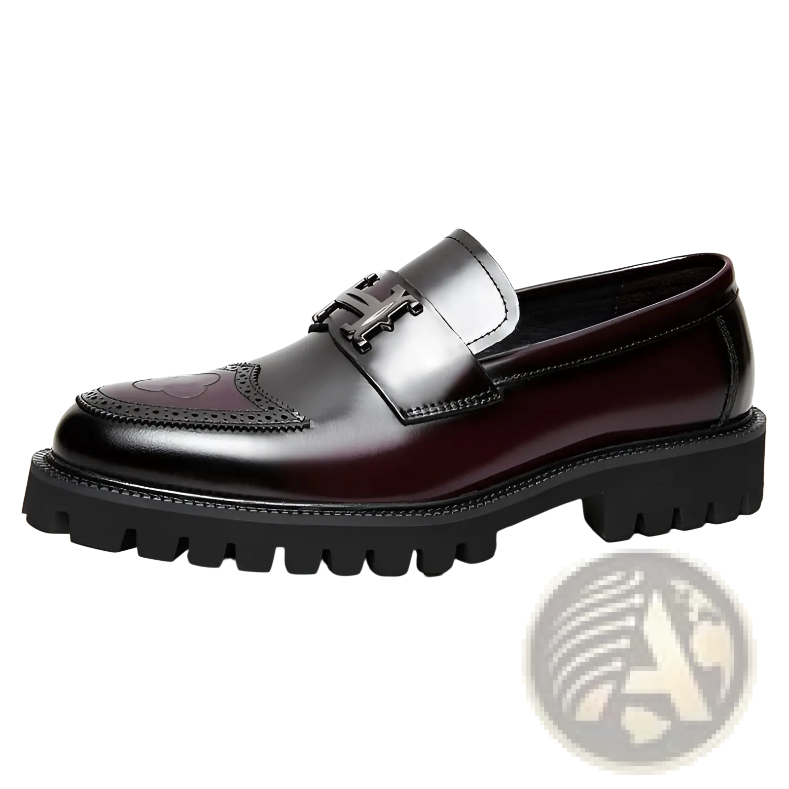 Burgundy leather loafers with black metal buckle and textured rubber sole for comfortable stylish wear