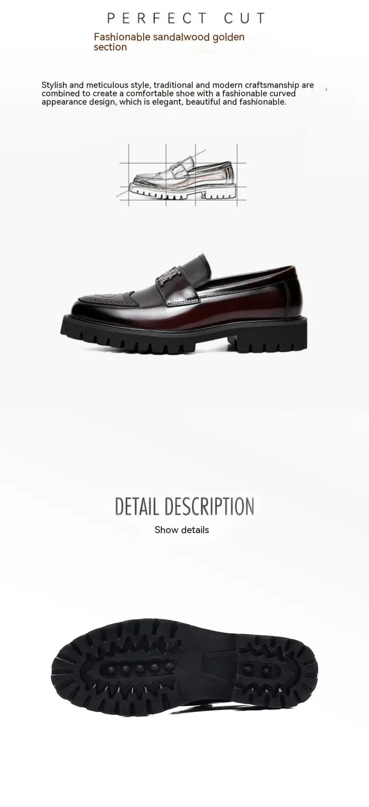 Burgundy leather loafer with gold-tone buckle and chunky rubber sole shown from the back side