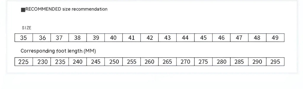 Size chart for recommended shoe sizes and foot length in millimeters for burgundy leather loafers with buckle and rubber sole