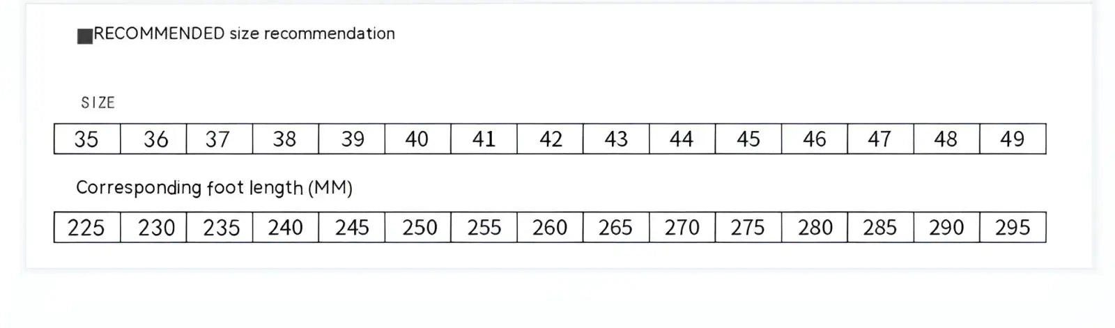 Size chart for recommended shoe sizes and foot length in millimeters for burgundy leather loafers with buckle and rubber sole