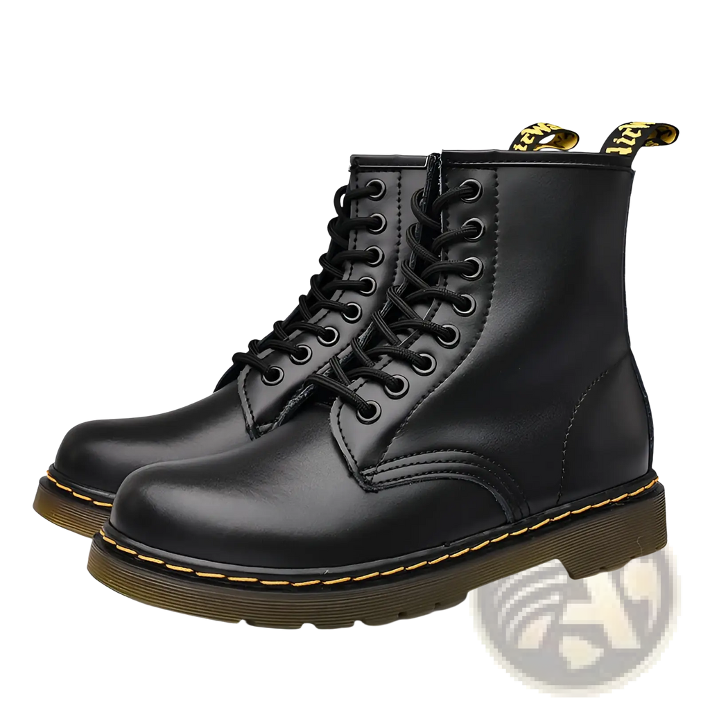 Black leather martin boots with yellow stitching shown from back side highlighting durable craftsmanship