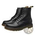 Black leather martin boots with yellow stitching shown from back side highlighting durable craftsmanship