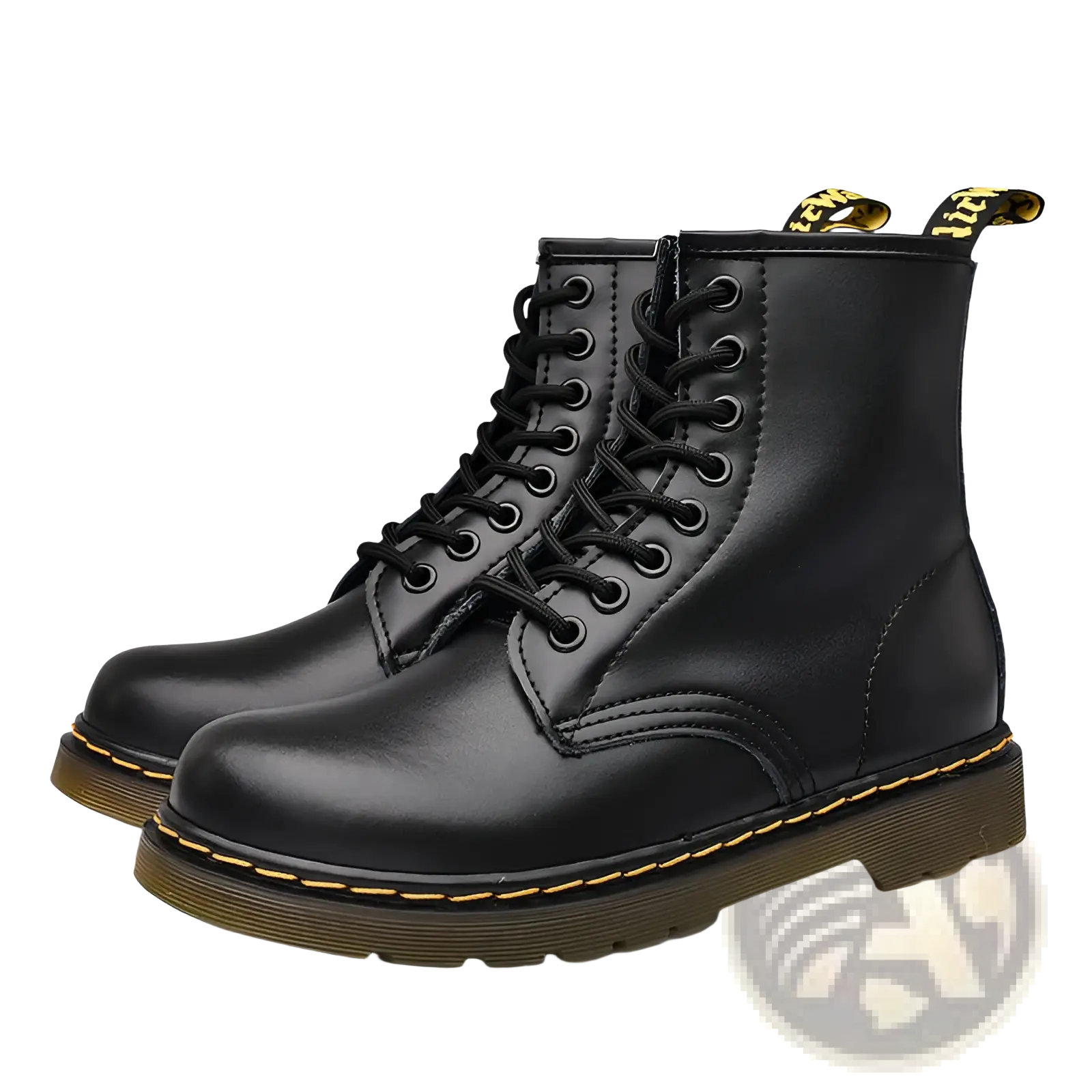 Black leather martin boots with yellow stitching shown from back side highlighting durable craftsmanship