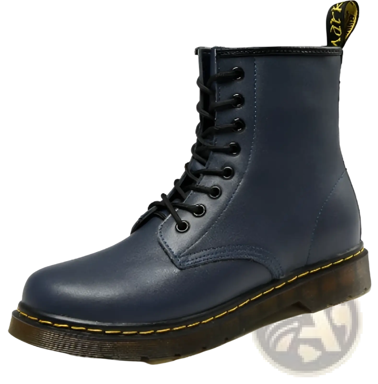Dark blue leather martin boots with yellow stitching showing the back side of the footwear design