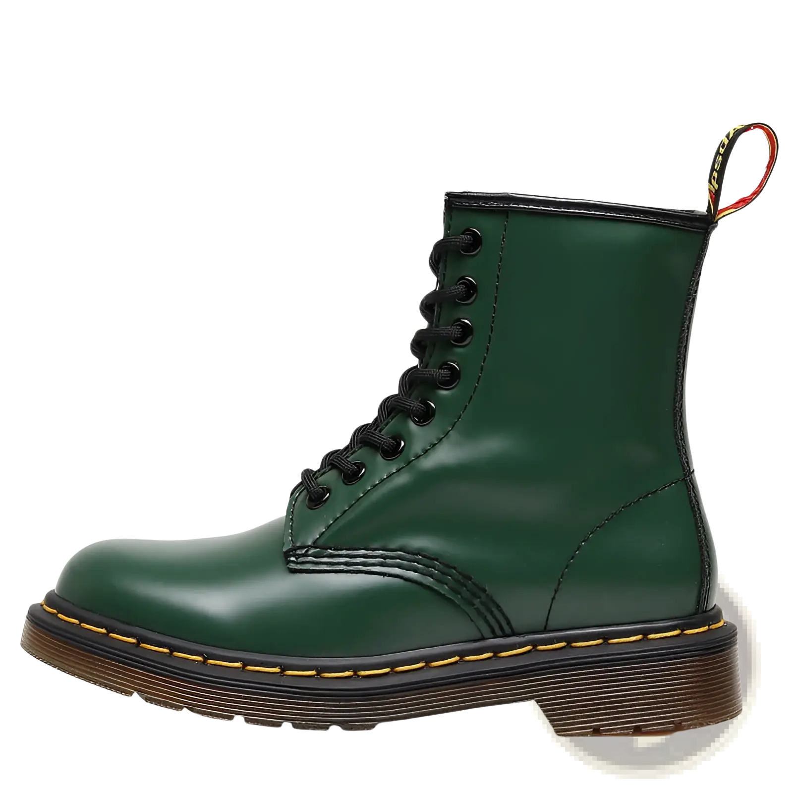 Dark green patent leather martin boots with yellow stitching showing the back side of the footwear
