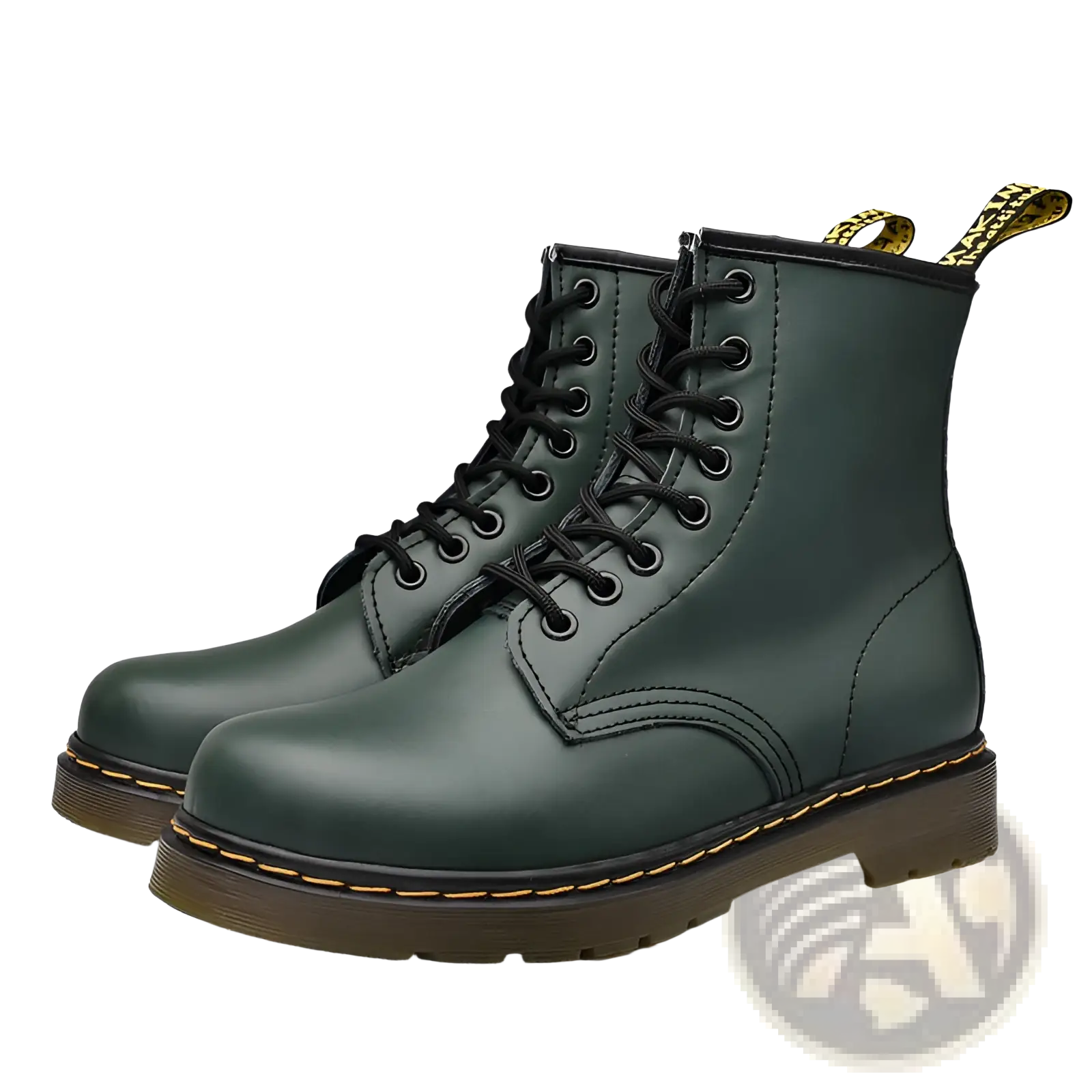 Dark green leather martin boots featuring yellow stitching shown from the back with a sturdy design
