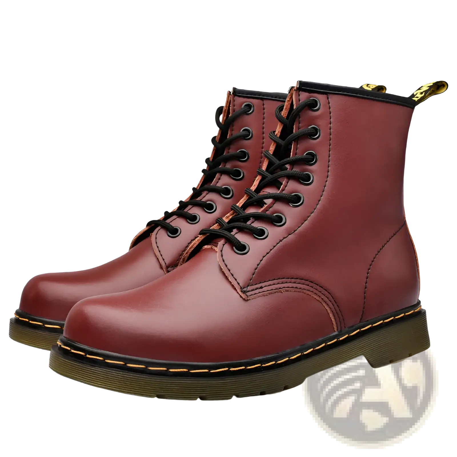 Burgundy leather Martin boots with black lace-up closure and yellow stitching for durable style and comfort