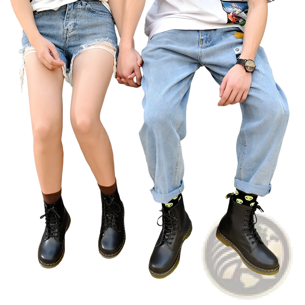 Black leather lace-up martin boots with yellow stitching and yellow rubber sole shown from the back side