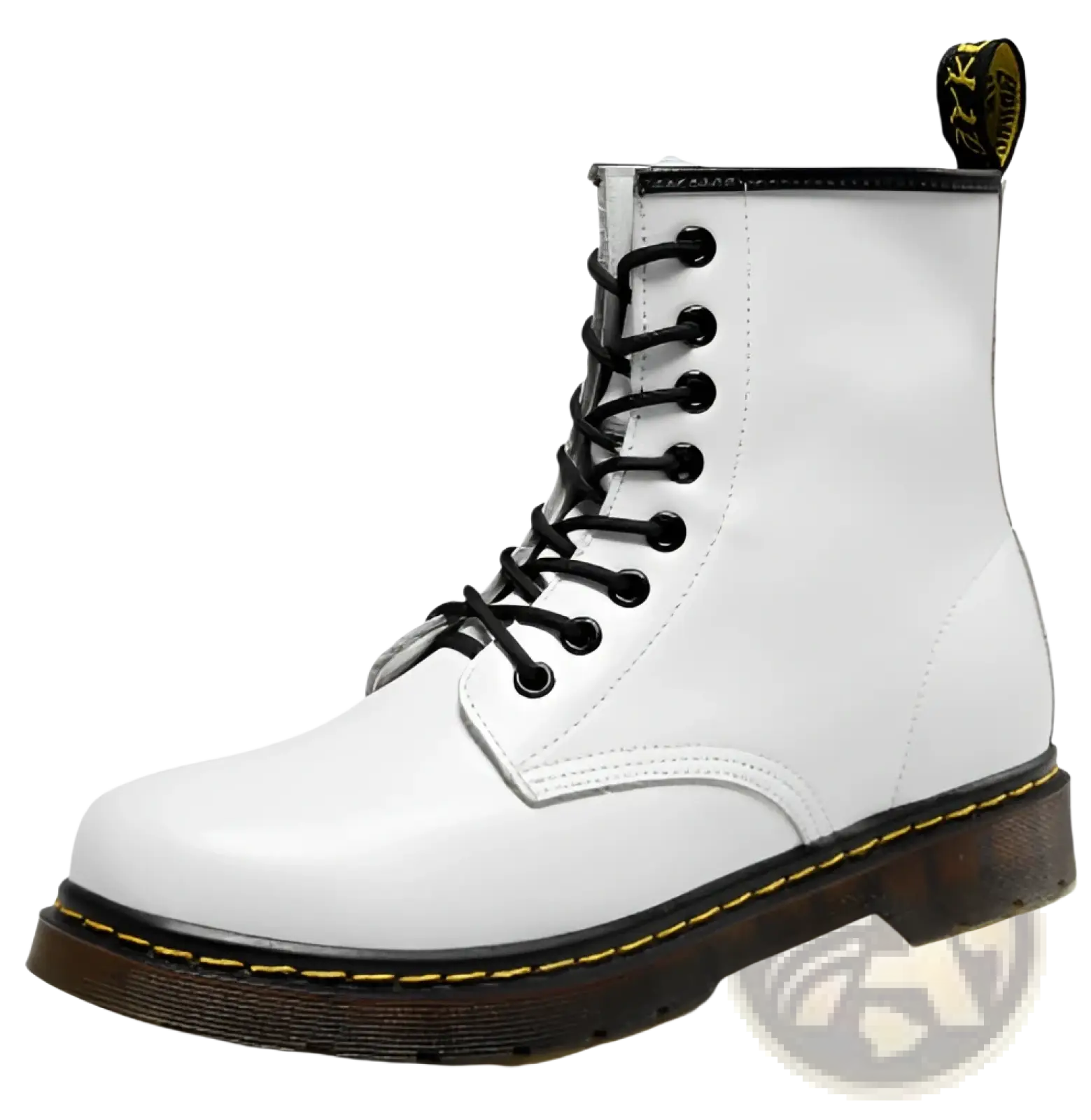 White leather dr martin boots with yellow stitching showcasing the back side design and craftsmanship