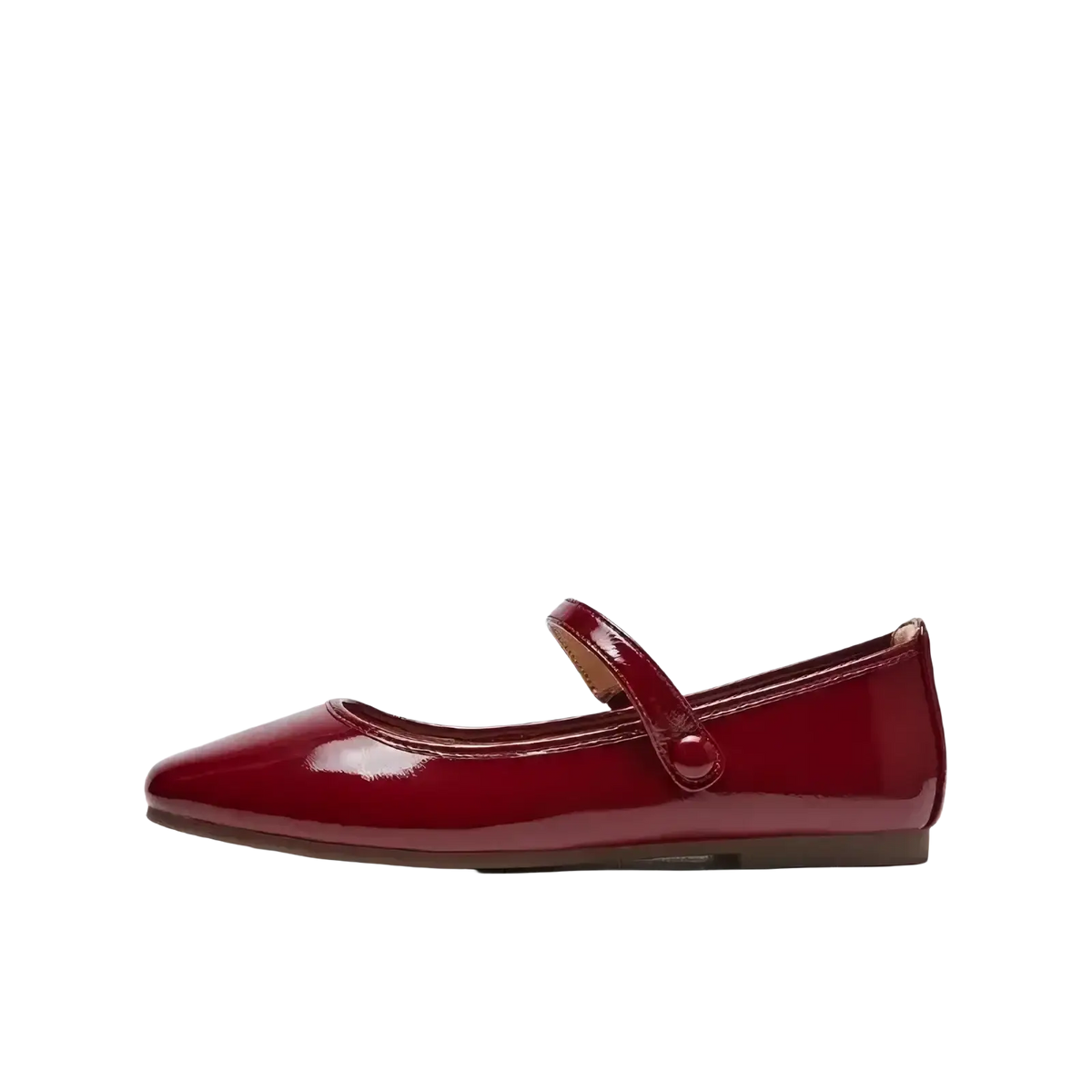 Burgundy mary jane leather flat shoe with glossy patent finish, rounded toe, and single strap across the instep