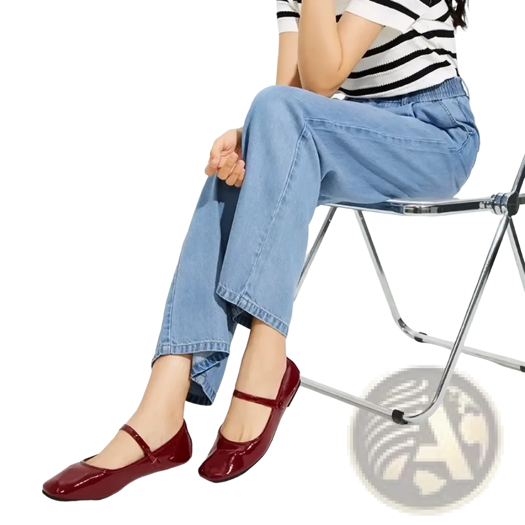 Burgundy mary jane leather flat shoes with patent leather, sleek square toe, and thin ankle strap