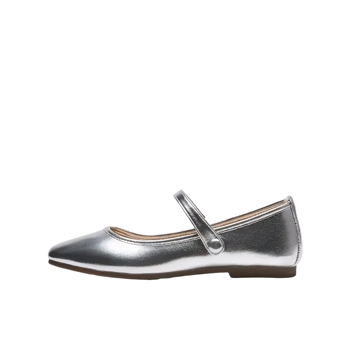Silver metallic leather flat shoe with pointed toe and strap across instep in burgundy mary jane style